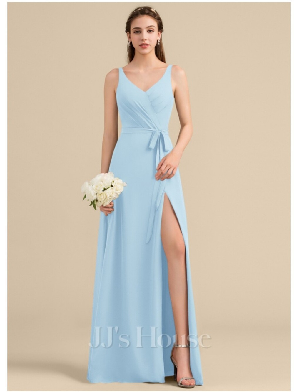Sky Blue V-Neck Formal Dress with Side Slit